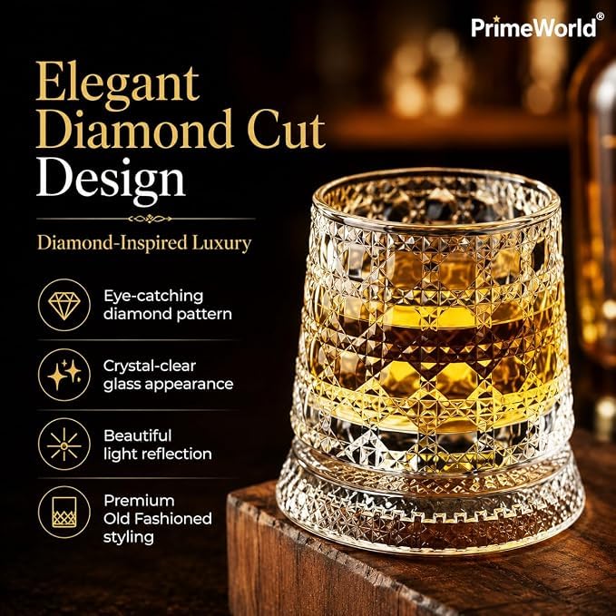 Image of PrimeWorld Diamond Dancing Whiskey Glasses - Set of 6 | 300ml 360 Rotating & Spinning Old Fashioned Tumblers | Diamond Cut Crystal Clear Bar Glasses for Whiskey, Bourbon, Scotch, Brandy & Cocktails