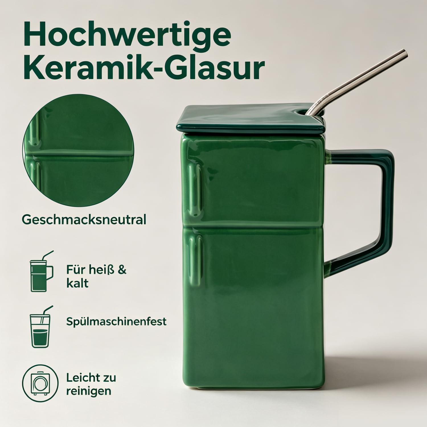 Kühlschrank Becher Keramik - Retro mit Deckel und Strohhalm (Grün + Silber)