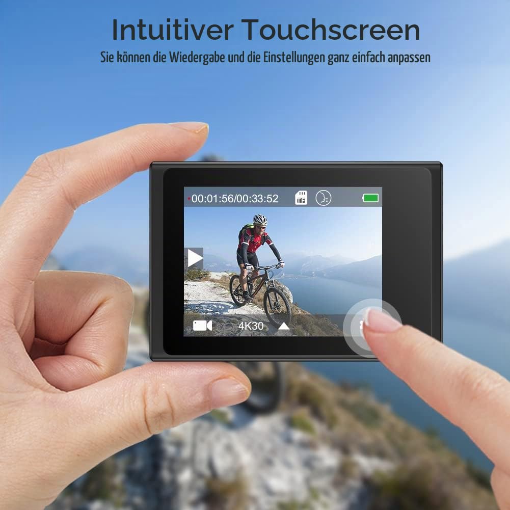 Akaso Action Cam 4K30FPS 20MP WiFi Actionkamera mit Touchscreen EIS 4X Zoom Fernbedienung 40m Unterwasserkamera mit 2X 1350mAh Akkus und Helmzubehör Kit – Bild 5