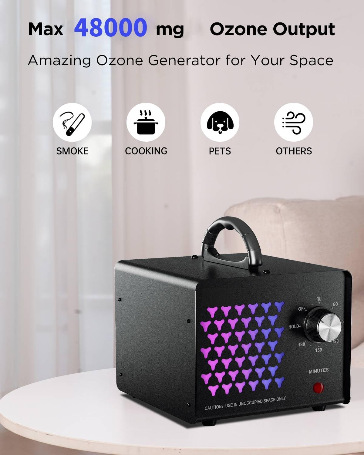 Ozone Generator 48000mg, Ozone Machine Odor Removal Up to 6000+ Sq.Ft, Ozone Odor Eliminator, Ozone Ionizer Deodorizer for Home, Smoke, Car, Pet Room - Black