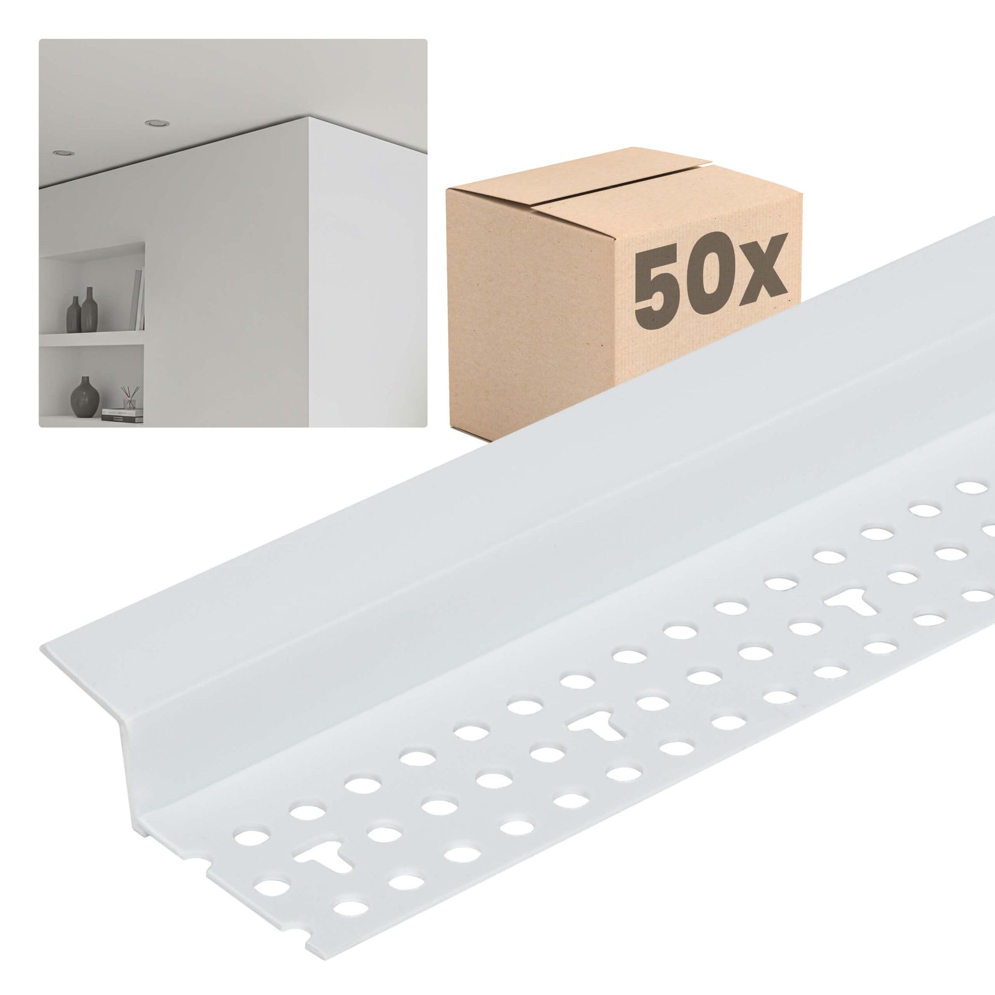 PROTEKTOR 50x Schattenfugenprofil 305cm, weiß – Abschlussprofil 37824 mit 12mm Schattenfuge für Gipskarton im Trockenbau aus Hart-PVC