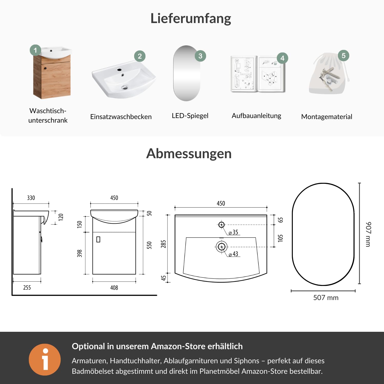 Planetmöbel Badmöbel Set Waschtisch mit Unterschrank 45 x 60 x 33 cm, Spiegel mit Beleuchtung 50 x 90 cm für Badezimmer, Gäste WC & Bad, Gold Eiche