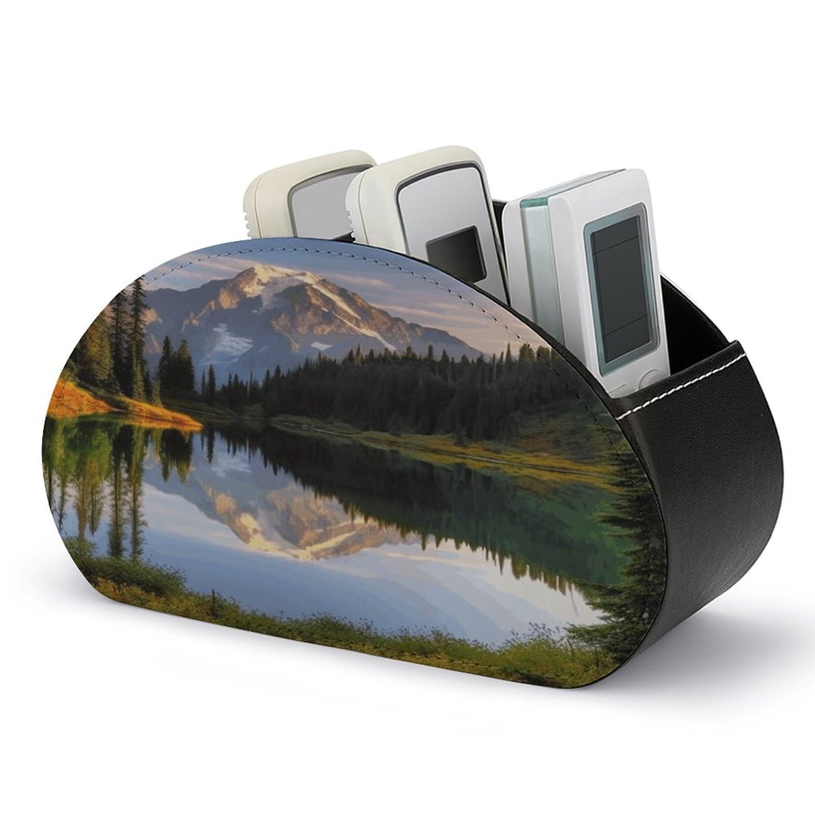 LZQPOEAS Mountain And Lake Pictures Remote Control Holder with 5 Compartments PU Leather Remote Organizer Box Caddy for Table Nightstand Remote Caddy Desktop Organizer Fits Media Controllers