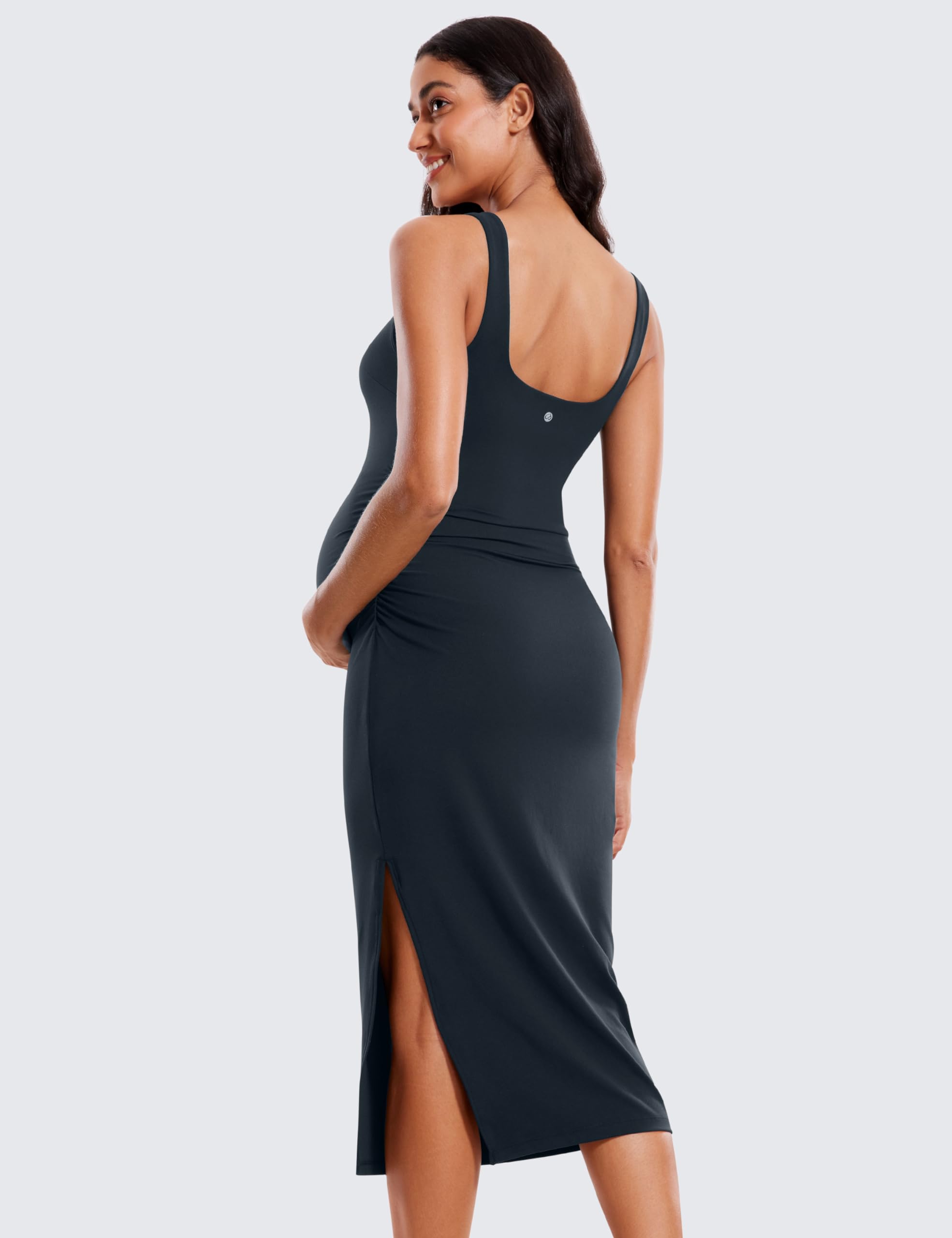 CRZ YOGA Maternidad Vestido Midi Escote Cuadrado | Butterluxe, Sostén Integrado, sin Relleno, Súper Suave, Casual, Frunces Laterales, Abertura Lateral, Embarazo y Posparto