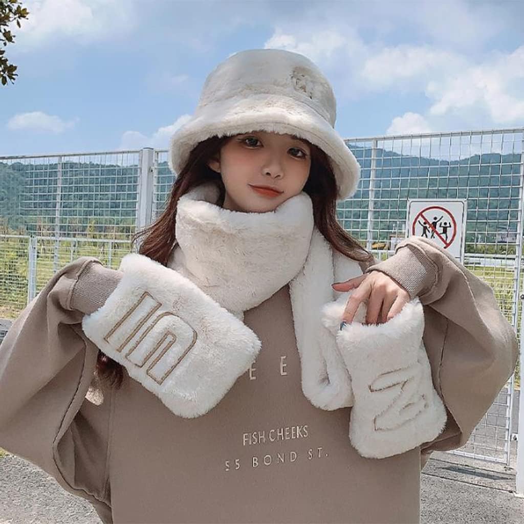 Scarf,Beanie Gloves Scarf Set Cute Bucket Hats For Teens Girls Fuzzy Bucket Hat Fisherman Hat Lady Winter Warm Scarf(Khaki)