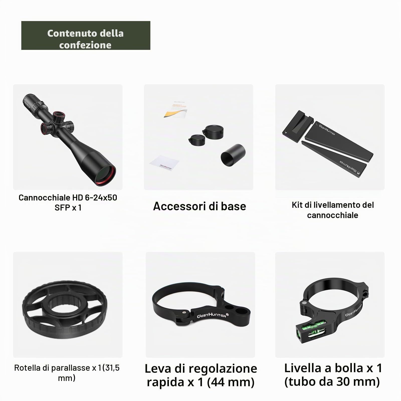 WestHunter Optics HD 6-24x50 SFP Precisione Miri telescopici, Tubo da 30 mm, Secondo piano focale 1/10 MIL, esclusivo per gare sportive a lunga distanza