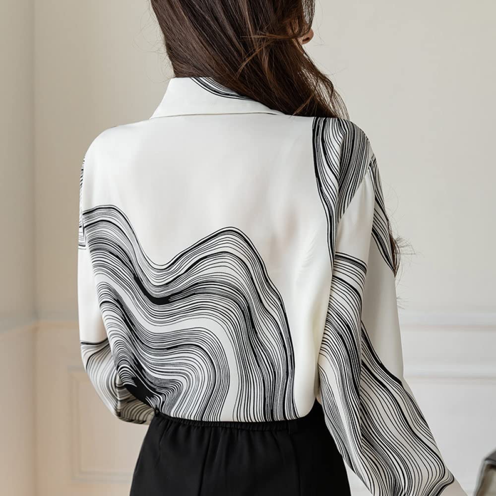 Elegantes Lässiges Langarm-Top,Damen Satin Bluse Shirt Tuschemalerei Langarm Vintage Mode Seidenhemden Business Hemd Mit Knopf Sexy Party Tops Lässige Arbeit Bürobluse Für Mädchen Damen