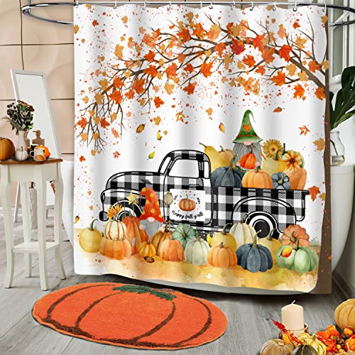 Fall Shower Curtains For Bathroom Pumpkin Shower Curtain Gnomes Black White Buffalo Check Plaid Truck Orange Leaves Autumn Decor Shower Curtain Set With Hooks 72X72 Inches #TOP5