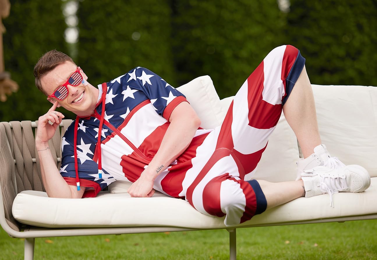 Mainfini Mens 4th of July Rompers American Flag Onesie Short Sleeve Zipper Outfits with Pockets (S-XXL)