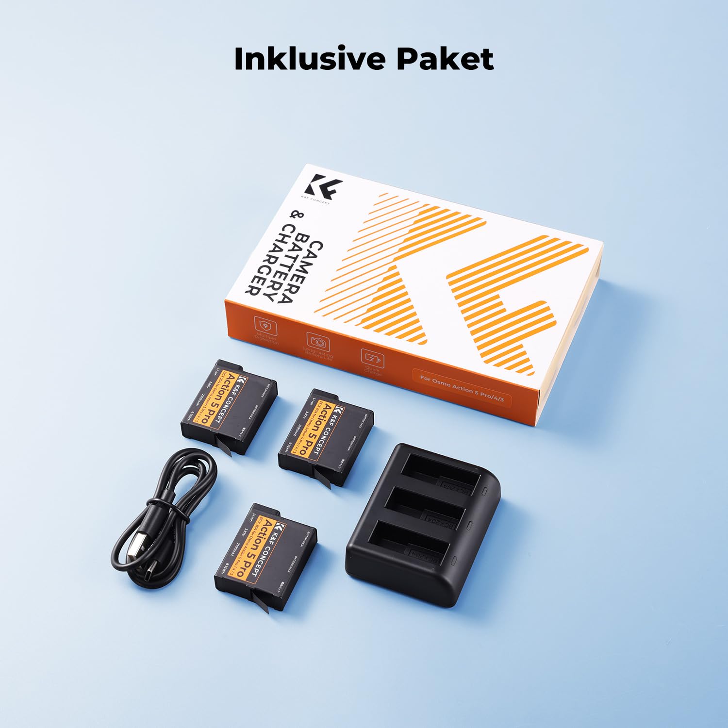 K&F CONCEPT OSMO Action 5 Kamera-Akku 2100mAh, Dreifach-Akku-Ladegerät mit DREI Steckplätzen und Kartenetui im Set Kompatibel mit DJI OSMO Action 5 Pro, Osmo Action 4, Osmo Action 3 und Osmo 360