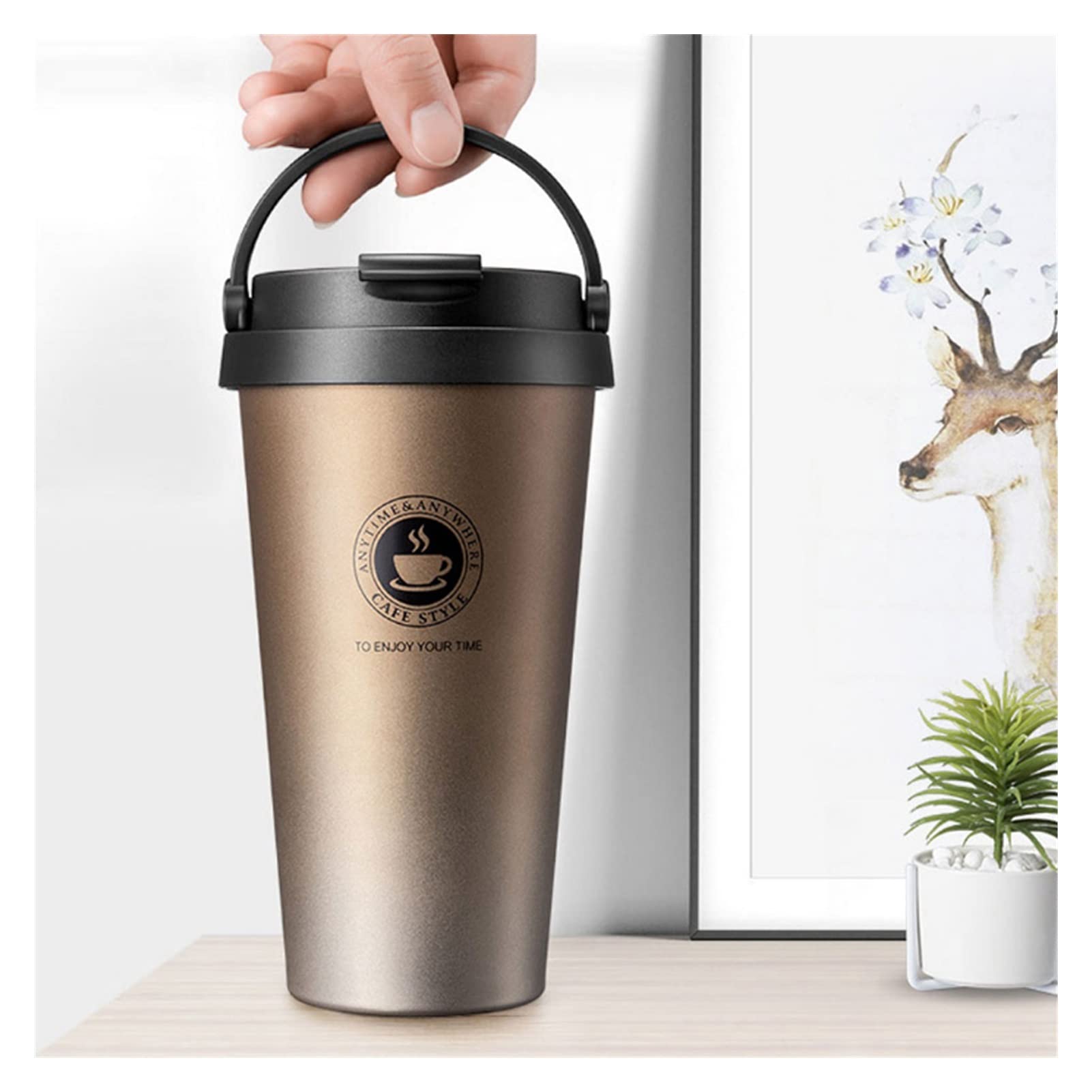 Taza de café de Gran Capacidad de 500 ml con Tapa y asa, Regalo Creativo de Navidad y Año Nuevo, de Acero Inoxidable.