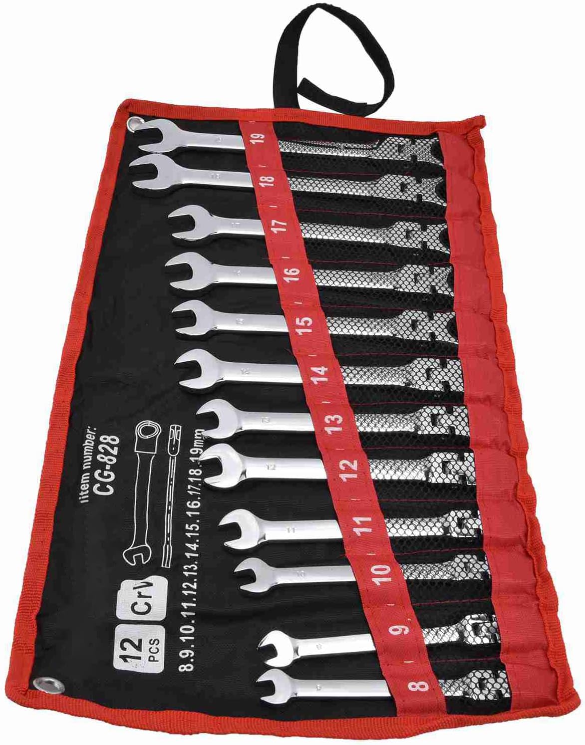 12Pcs Ratcheting Wrench Set, 8‑19mm Ratchet Combination Wrenches Set,Metric Combination Chrome Steel 8‑19mm with Storage Bag (movable head)
