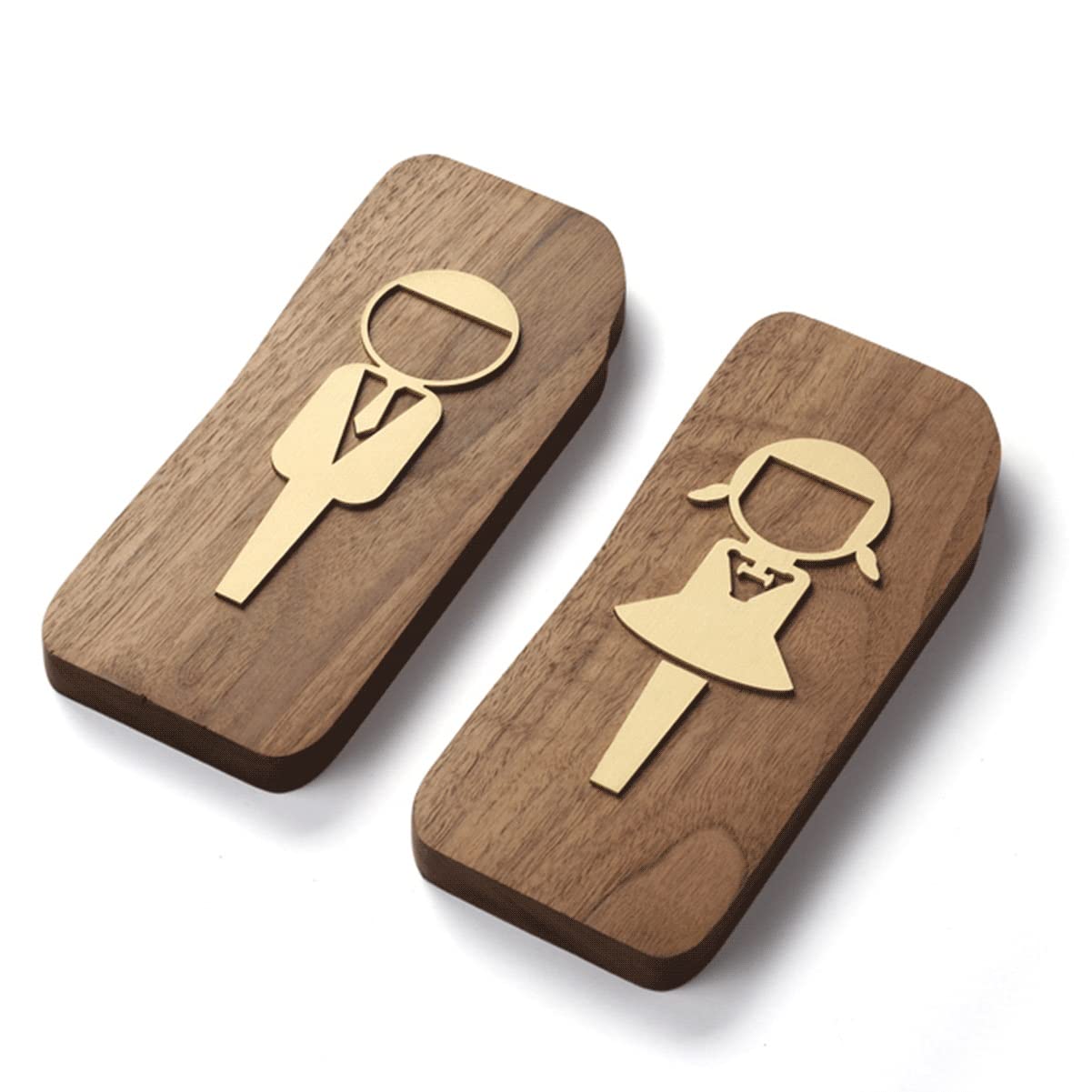 Juego de letreros for baño, figuras de niño y niña, latón nogal, paquete de 2