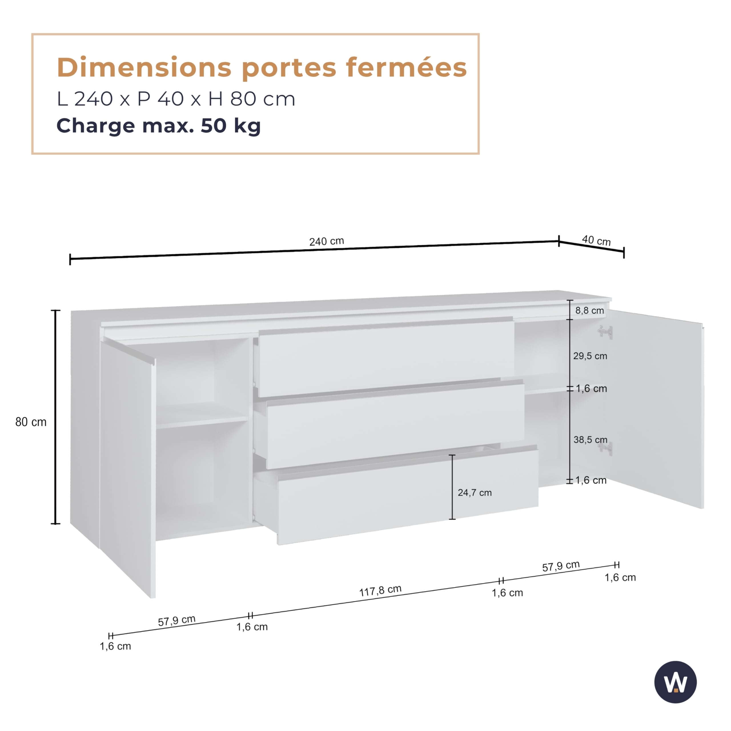 WHOUS Buffet Magic pour Salon avec 2 Portes et 3 Tiroirs, bahut pour Cuisine et Salle à Manger, Dimensions 240 x 40 x 80, Couleur Cachemire