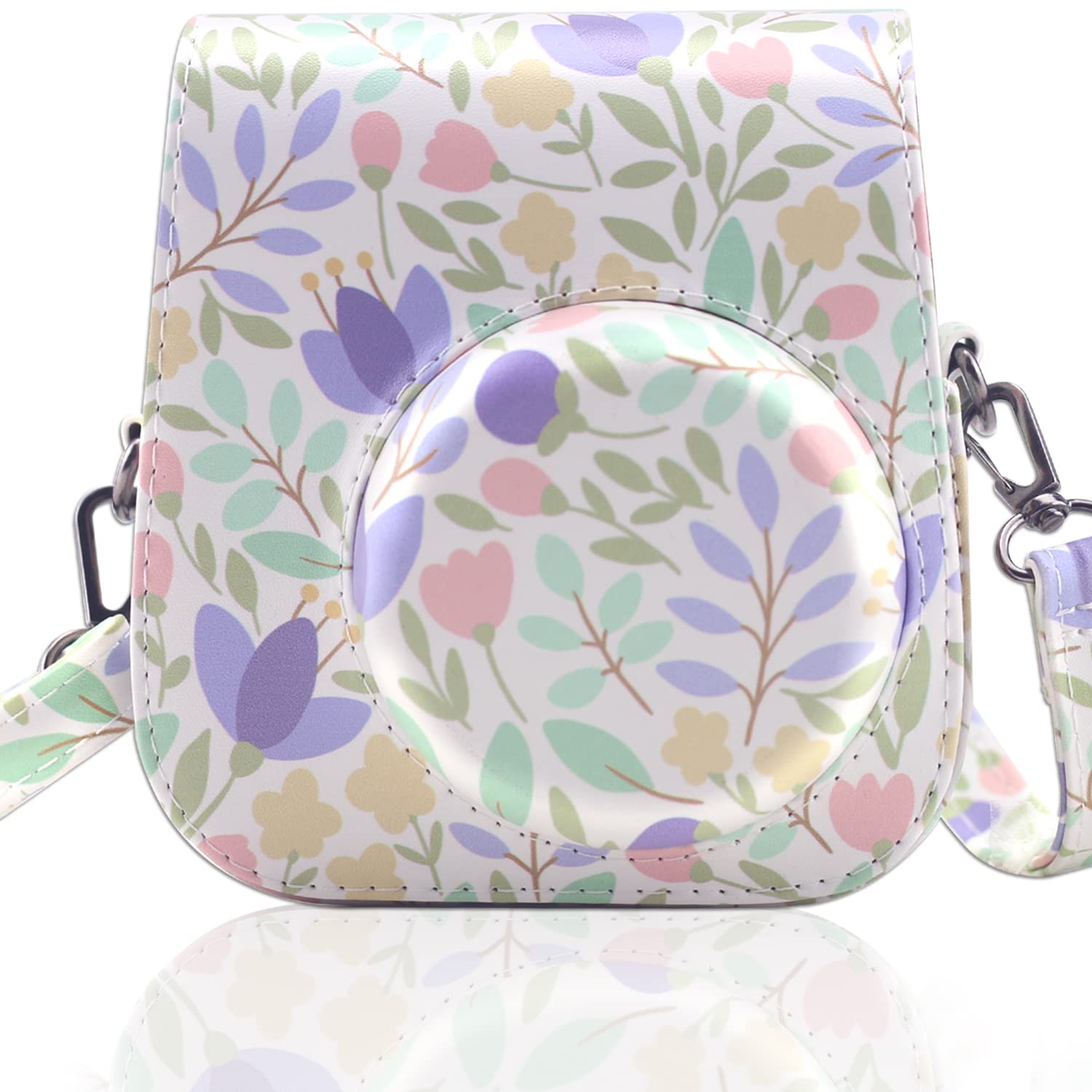 Frankmate PU Leather Camera Case Compatible with Fujifilm Instax Mini 11 12 Instant Camera with Adjustable Strap and Pocket (Flowers Green)