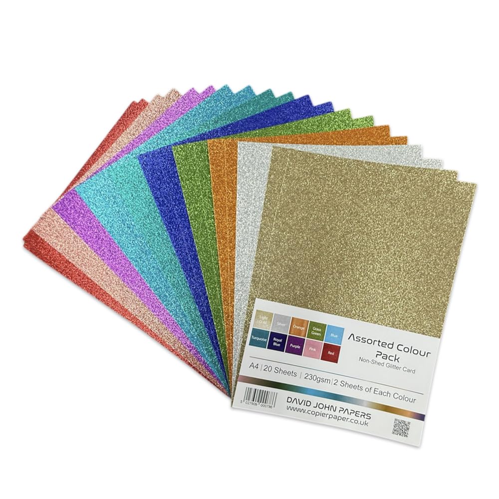 DJP A4 Non-Shed Glitter Card Assorted Coloured Cardstock Pack - 20 Sheets. 10 Assorted Colours 230gsm. 2 Sheets Each Colour