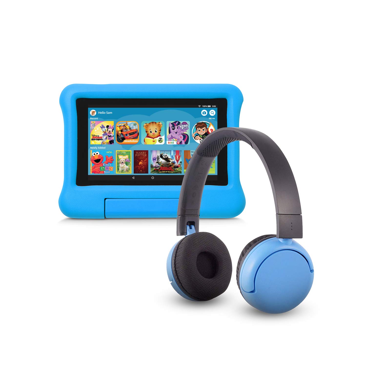 Fire 7 Kids Edition Tablet (16 GB, Blue Kid-Proof Case) + BuddyPhones Headset, Pop Time in Blue (Ages 8-15)