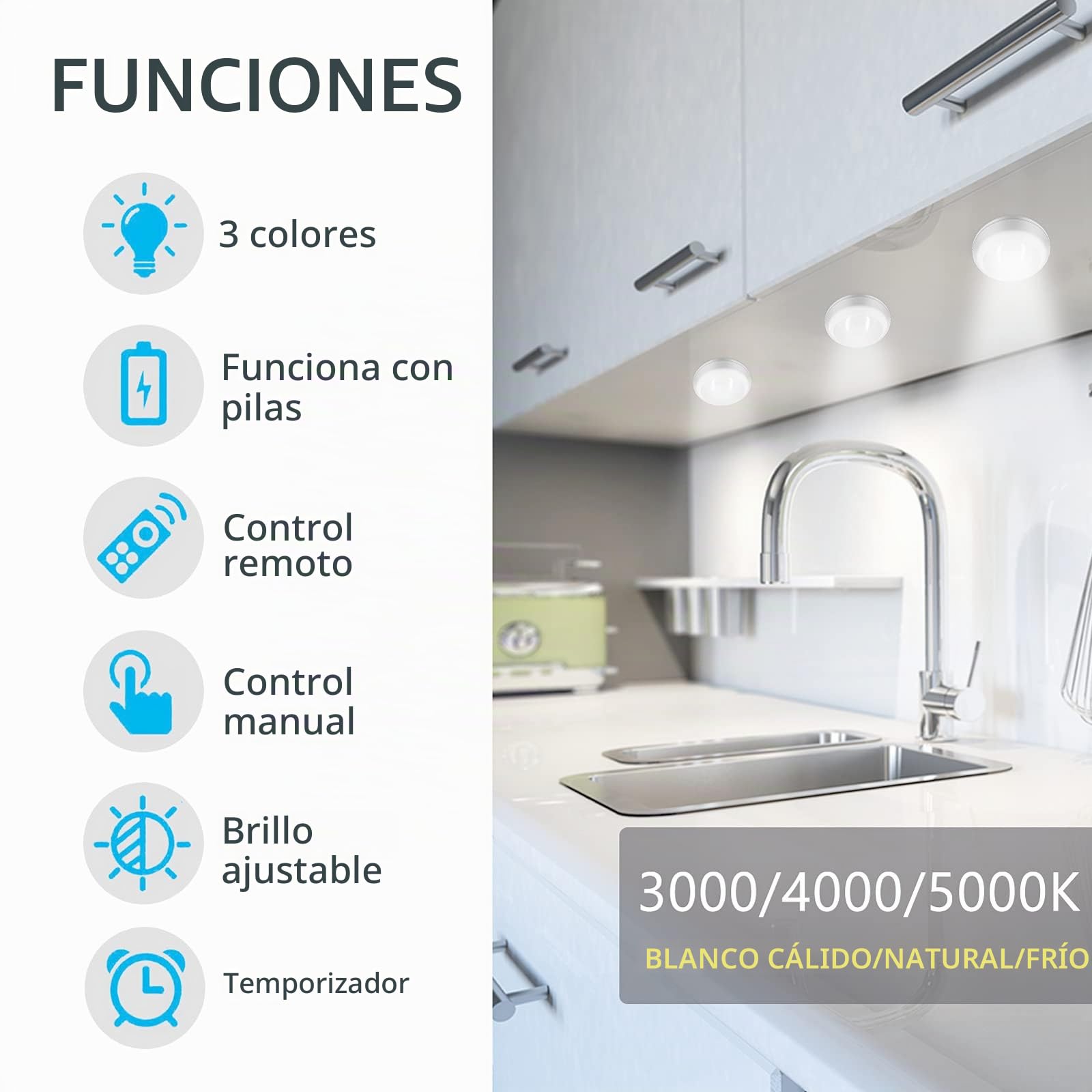 Luces Led Armario a Pilas Inalambrica,Regulable 3 Colores Luz Vitrina LED con Mando a Distancia LED Cocina Bajo Mueble Sin Cable Foco LED Bateria Interior Lámpara Escalera Adhesiva Luz Nocturna Casa