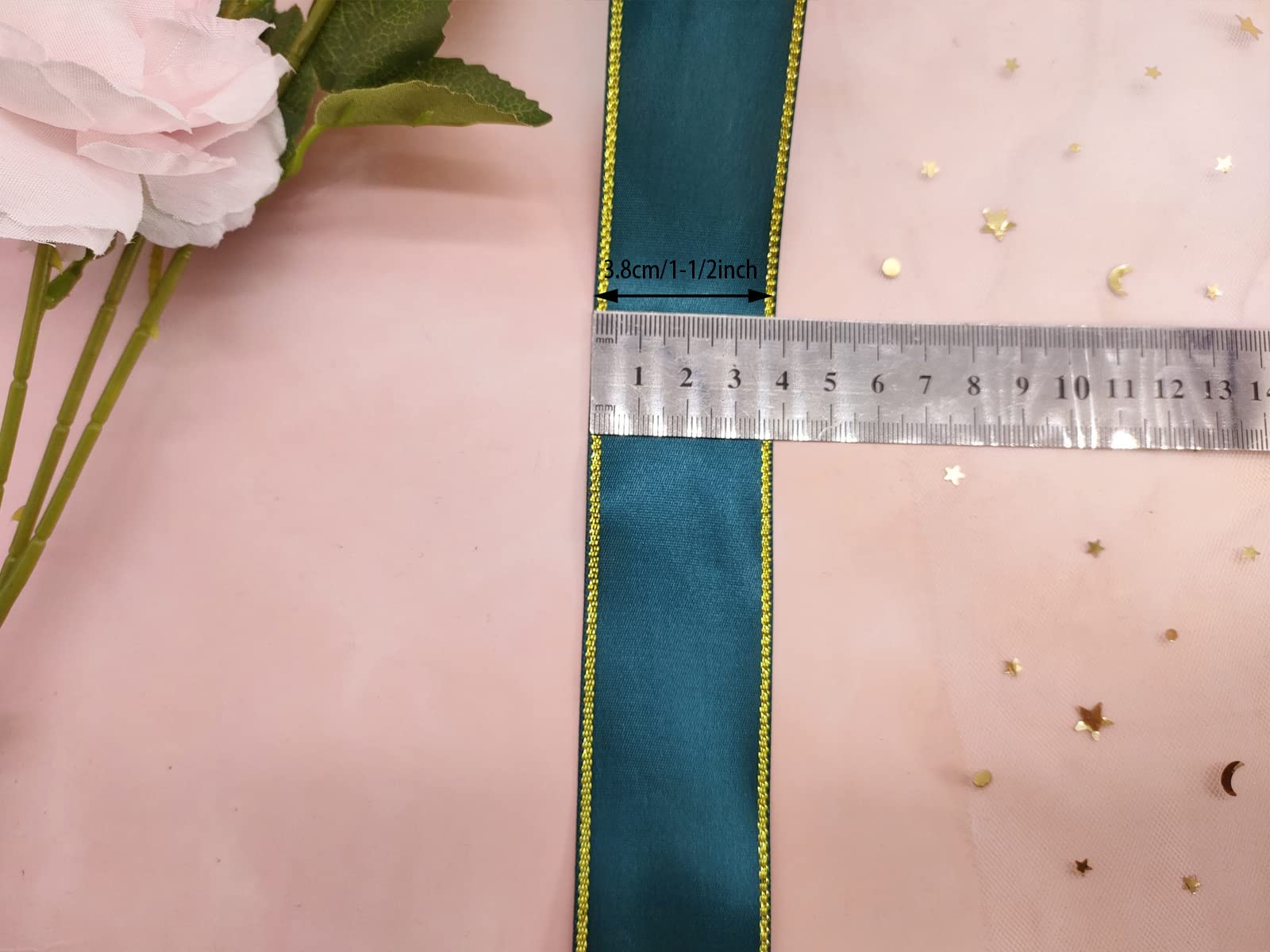 1.5 Inch Dark Green Satin Ribbon With Gold Edge | 25 Yard Roll For Gift Wrapping & Crafts