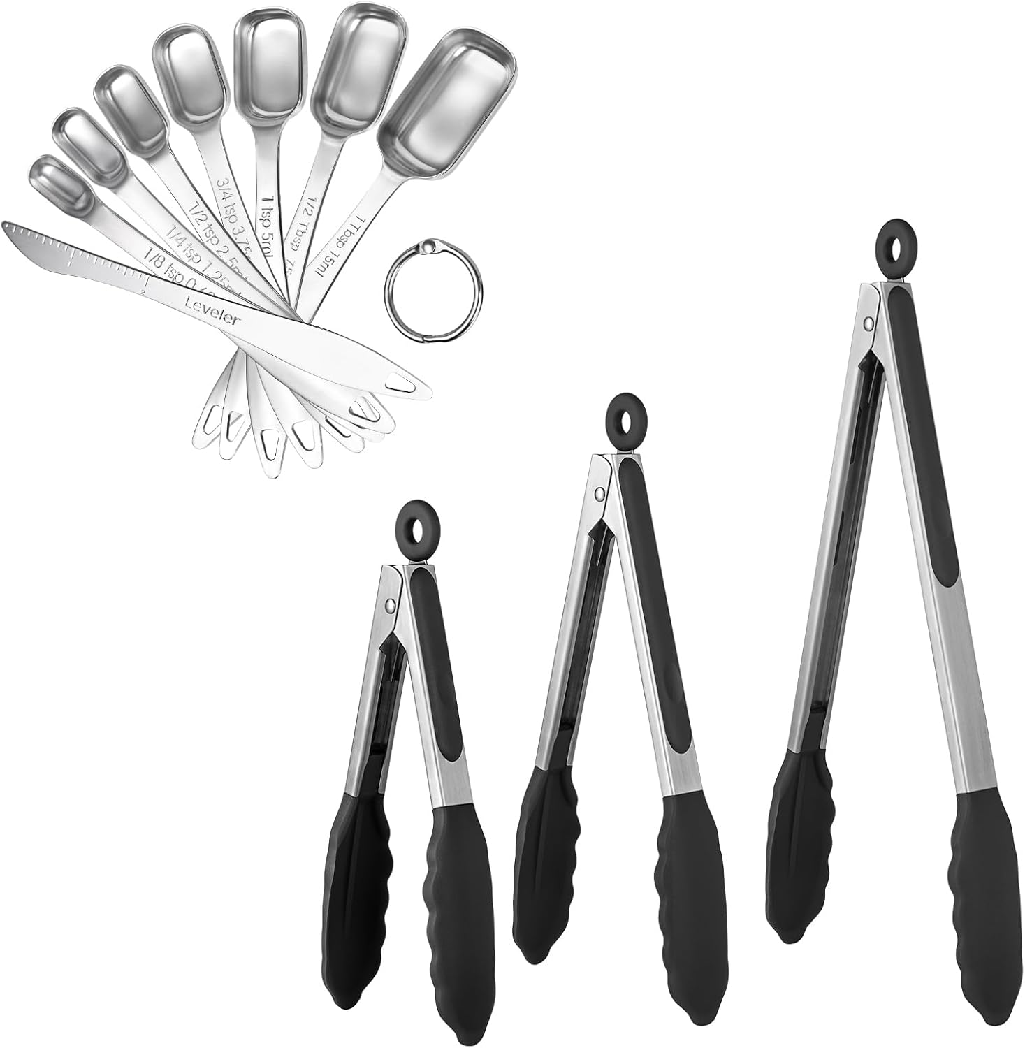 U-Taste 600℉ Heat Resistant Food Grade Non Stick Firm Cooking Tongs Set of 3, and 18/8 Stainless Steel Square Measuring Spoons Set of 8 (Black+Silver)
