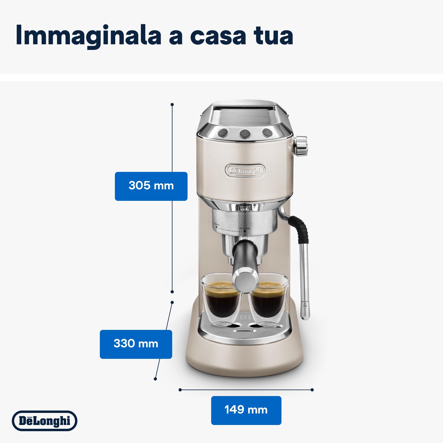 De'Longhi Dedica Arte EC885.​BG, Macchina manuale da Caffè Espresso e Cappuccino, Lancia vapore professionale, Caffè in Polvere o in Cialde E.S.E., Riscaldamento 40sec, Filtro Singolo e Doppio, Beige