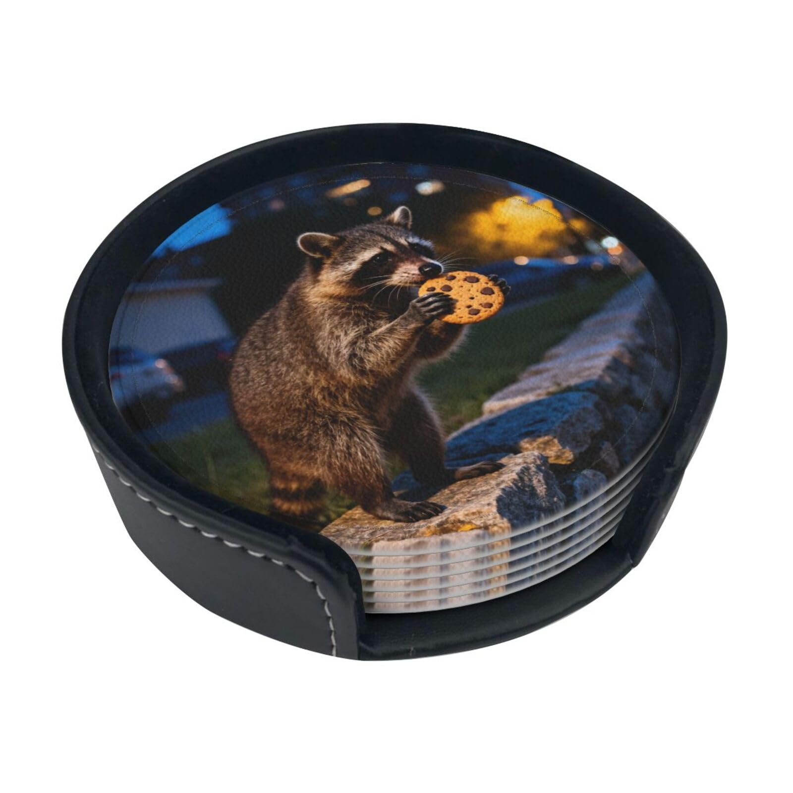Cntdbu White Cute Raccoon Leather Coasters Set Of 6-Pu Leather Drink Mats For Table, Heat Resistant Round Coasters With Holder