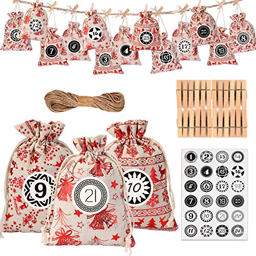 KATELUO 24 Sac en Tissu de Calendrier de l'avent de Noël, Calendrier de Noel, Calendriers de l'Avent, 24 Numérique Autocollantset Pinces en Bois(24PCS -3Modèles)