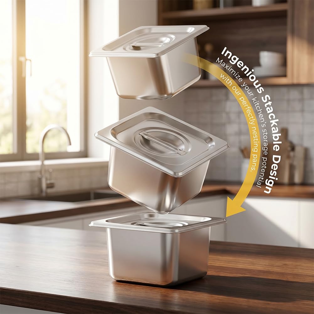 Set di 3 contenitori da 1/6 in acciaio inox con coperchio, padelle profonde 10 cm, altezza contenitore per alimenti, vapori o come inserto in piatti, contenitori impilabili