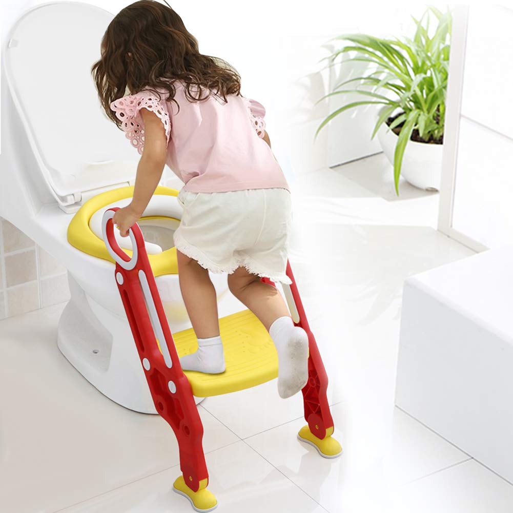Töpfchentrainer Toilettentrainer Töpfchenstuhl Universal Passend mit verstellbar Treppe/Leiter weicher Sitz-Design Klappbar Rutschfest ab 1 Jahre (Rot+Gelb)