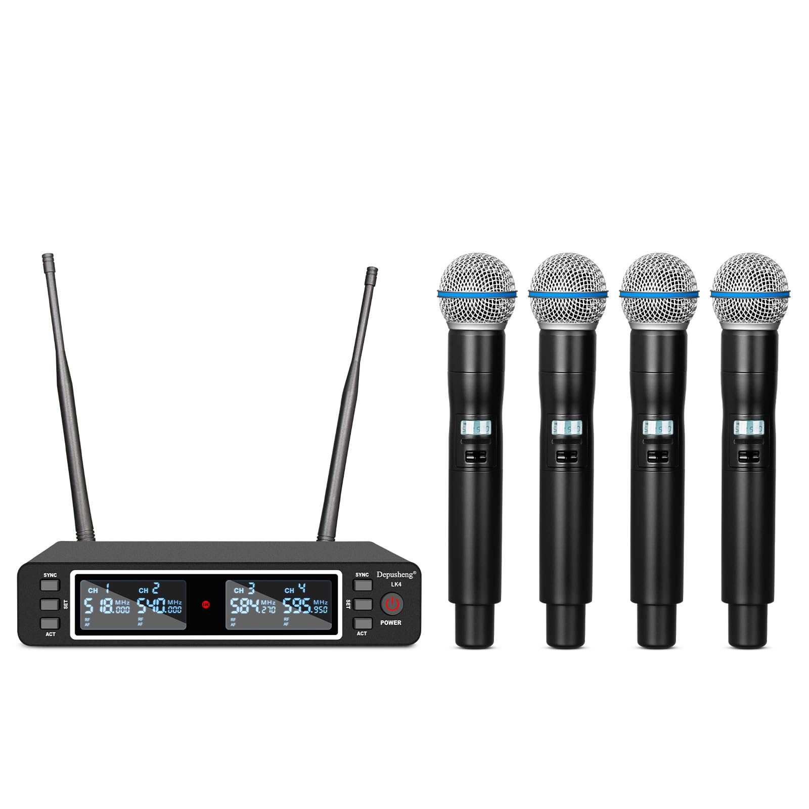 Depusheng LK4 Pro Sistema di microfono senza fili, 4 canali UHF con frequenze regolabili, microfono senza fili con 4 microfoni a mano dinamici, portata di 80 metri, microfono per canto, chiesa