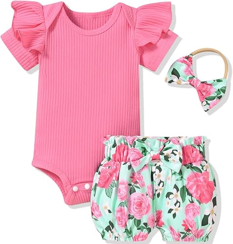 Aalizzwell Traje de verano con pantalón corto y acanalado para bebé niña