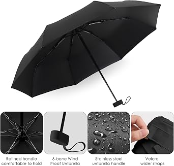 Mini Folding Umbrella, Portable UV Umbrella with Storage Box, 6 Ribs Mini Travel Sturdy Pocket Umbrella, Small Light-Weight Waterproof, Portable Compact Folding Umbrella for Women Men Girls, Black