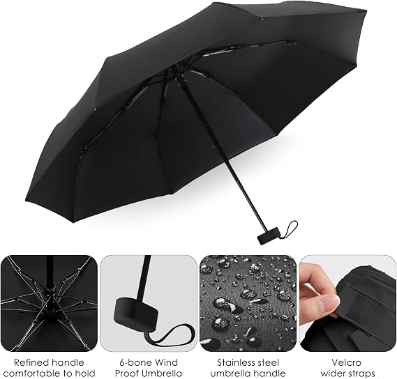 Mini Folding Umbrella, Portable UV Umbrella with Storage Box, 6 Ribs Mini Travel Sturdy Pocket Umbrella, Small Light-Weight Waterproof, Portable Compact Folding Umbrella for Women Men Girls, Black
