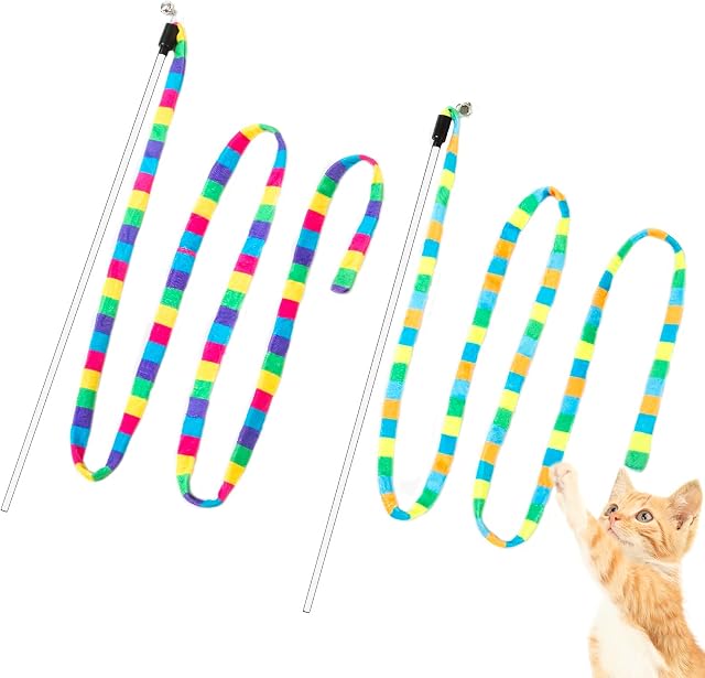 FYNIGO Interactive Cat Rainbow Wand Toys for Indoor Cats Adult and Kitten,Colorful Cat Teaser Wand String Plush Toy,Original Product Strong and Sturdy(2 Pack)
