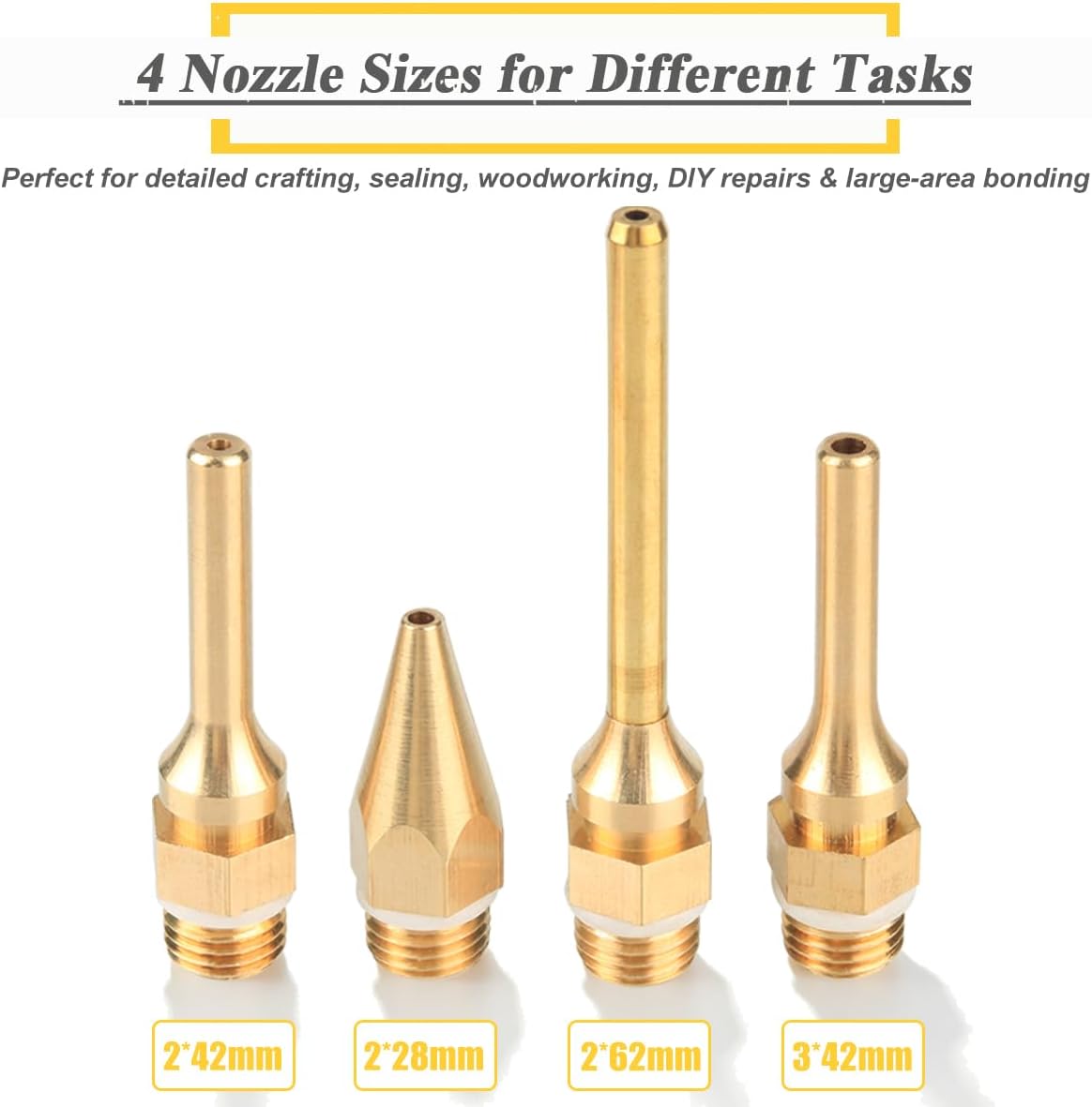 Wolfride 4Pcs Glue Gun Nozzle Set Hot Glue Gun Tips 10.8mm Thread Interchangeable Copper Nozzle Bore Diameter 2mm 3mm