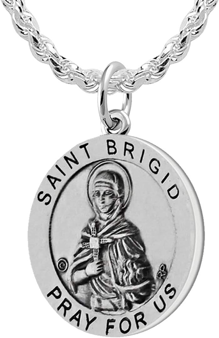 US Jewels Ladies 925 Sterling Silver 18.5mm Saint Brigid Medal Pendant Necklace, 18in to 24in