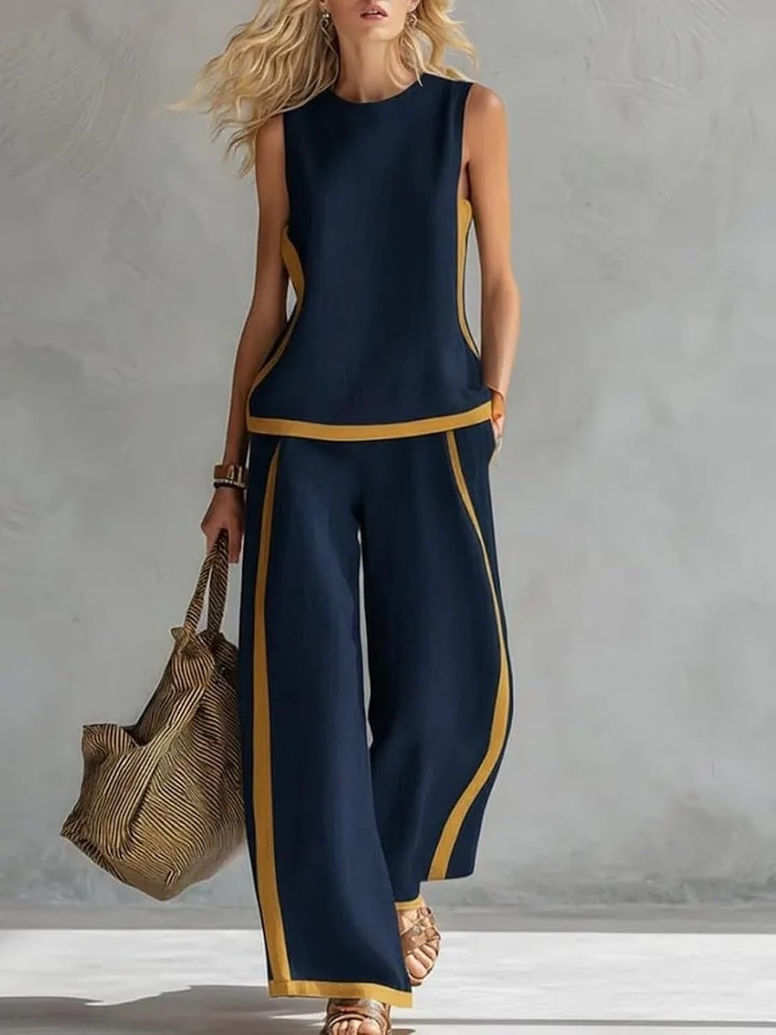 Women's Fall Linen Blend V-Neck 3/4 Sleeve Top and Straight Pants Set