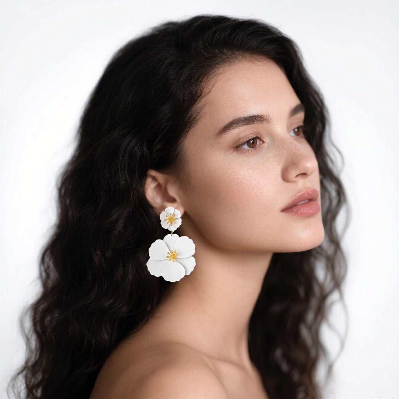 Flower Clip On Earrings - Floral Petal Drop Earrings Statement Hypoallergenic Flower Stud Earring for Women Wedding Jewelry Gifts - Image 2