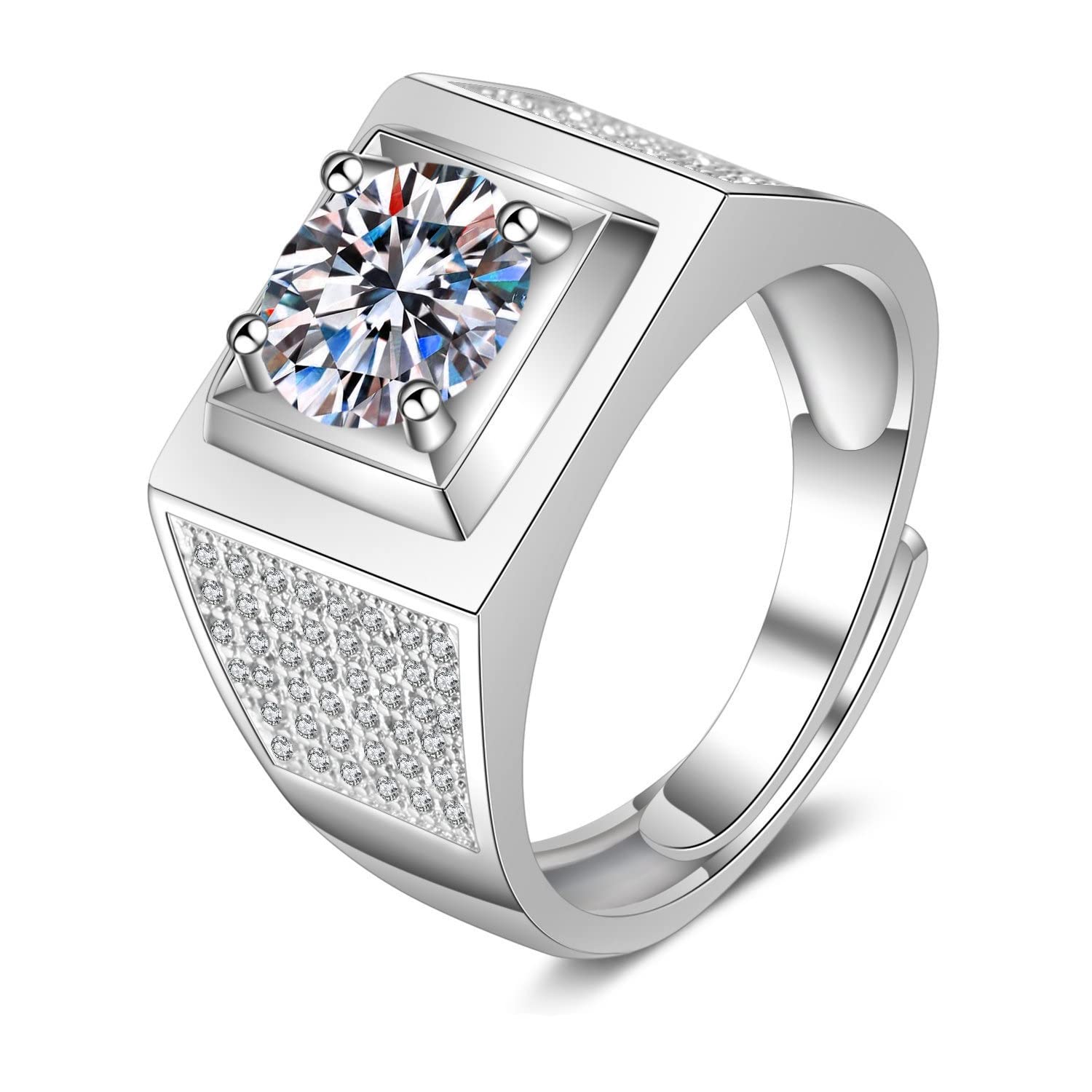 Anillo de oro blanco de 18 quilates para hombre, elegante anillo ancho de moissanita de 4 puntas, anillo de compromiso para hombre, talla 7-14
