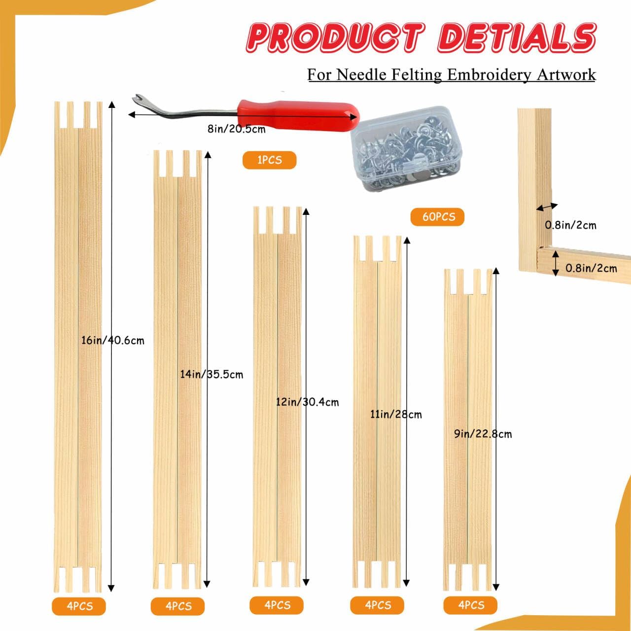Tonyutech 20 Pcs 5 Sets Stretcher Bars for Needlework 5 Sizes Wooden Canvas Stretcher Bars with 60 Thumb Tacks and Tacks Remover for Needlepoint Embroidery Stitch Frame Set Bundle with Crafts