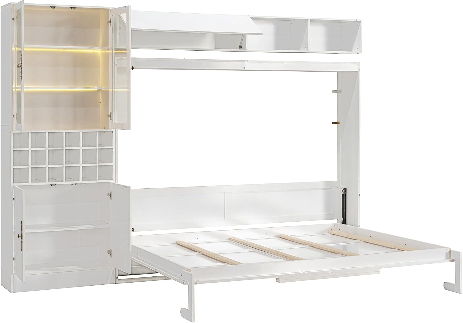 Merax Queen Size Murphy Bed Wall Bed with Sofa, Shelves, USB & Light - Space Saving Foldable Bed for Small Apartments, White Queen White