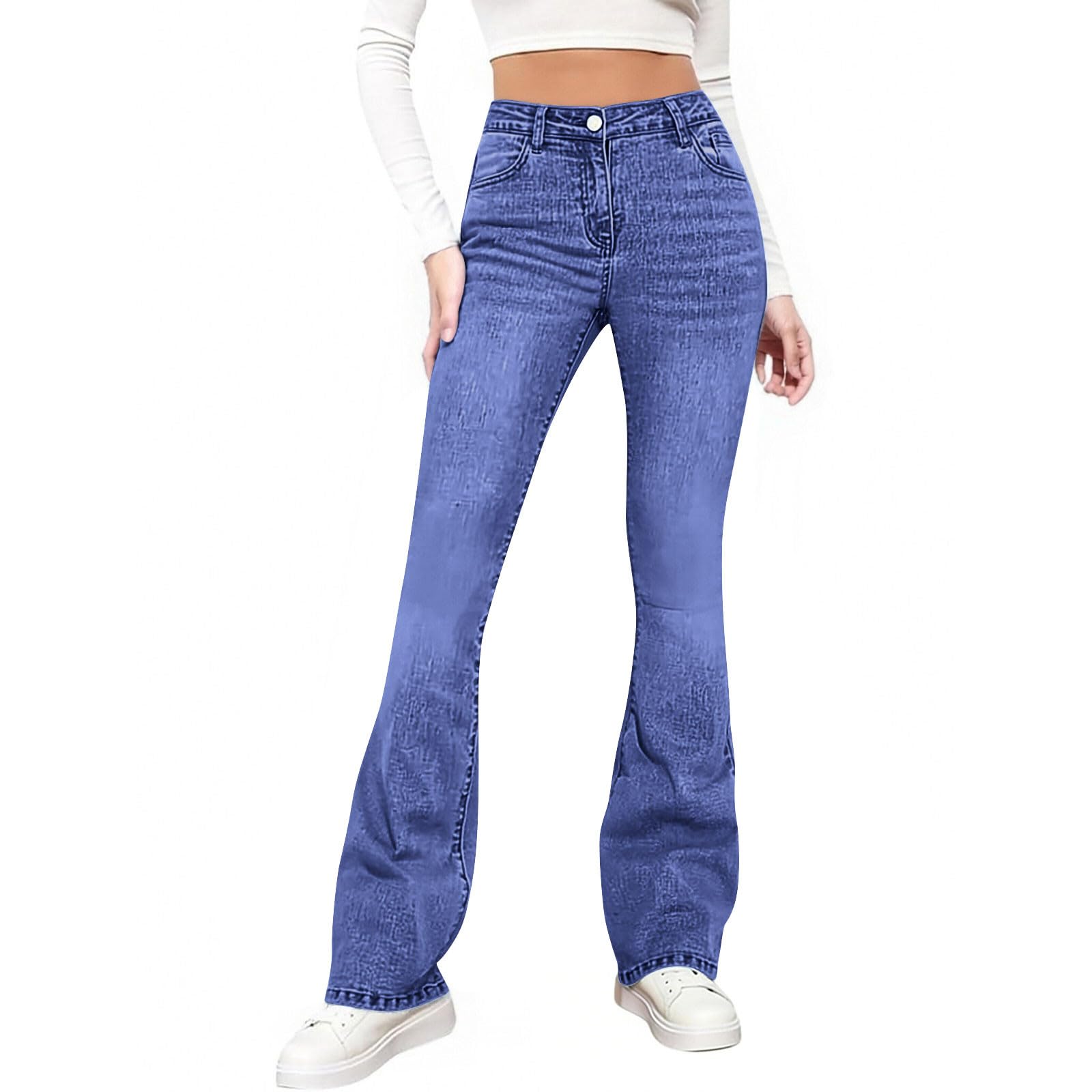 HUYTERTDR Flared Jeans for Women Stretchy High Waist Skinny Denim Trousers Tummy Control Bootcut Pants Casual Denim Jeggings with Pockets Comfort Bootcut Jeans Legging for Women Bell Bottom