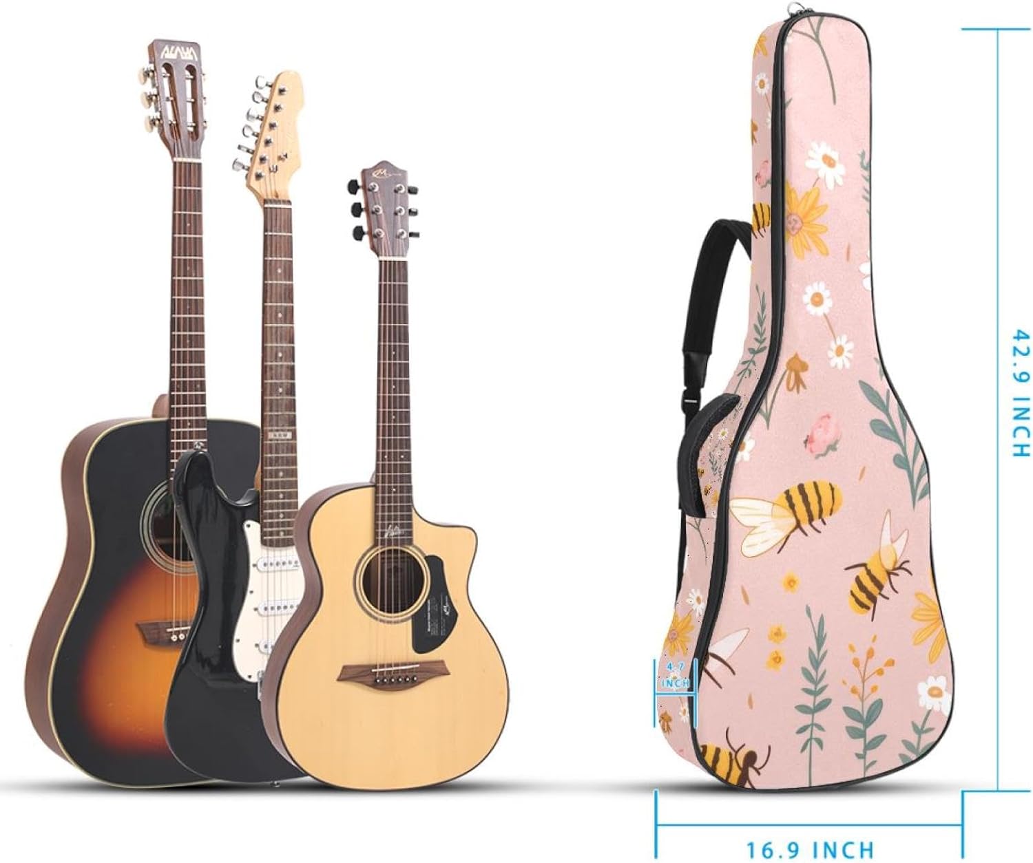 Acoustic Guitar Bag 0.4 Inch Thick Padding Waterproof Guitar Case Gig Bag for 40 41 42 Inch Electric Bass Classical Guitar, Cute Bees and Flowers Leaves