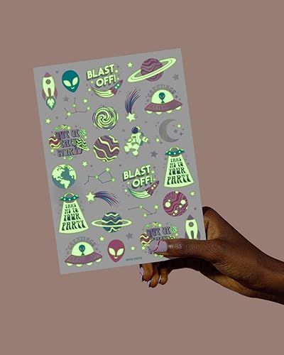 Miniatura 6 de xo, Fetti Space + Planets - Tatuajes temporales que brillan en la oscuridad para niños, 50 piezas, suministros de fiesta de cumpleaños de