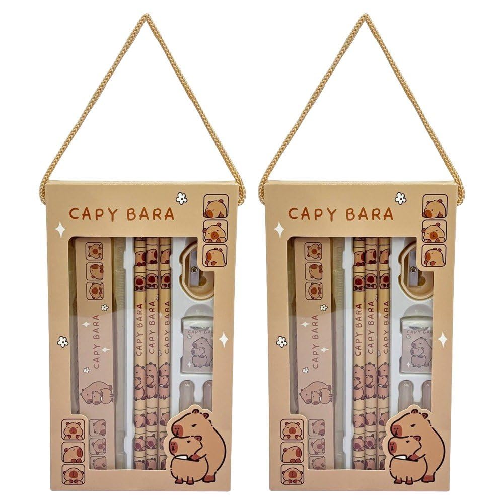 Baokuan As Shown 2Sets Capybara Stationery Set Cute Stationery Set Include Capybara Pencil, Sharpener, Folding Ruler, Eraser, Pen Cap, For Students Stationery Supply