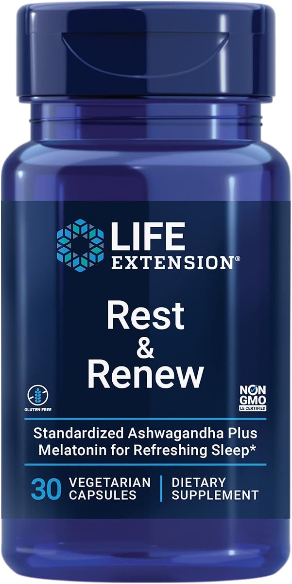 Prolongación de la vida Rest & Renew, para un sueño reparador y reparador, sin gluten, sin OGM, vegetariano, 30 cápsulas