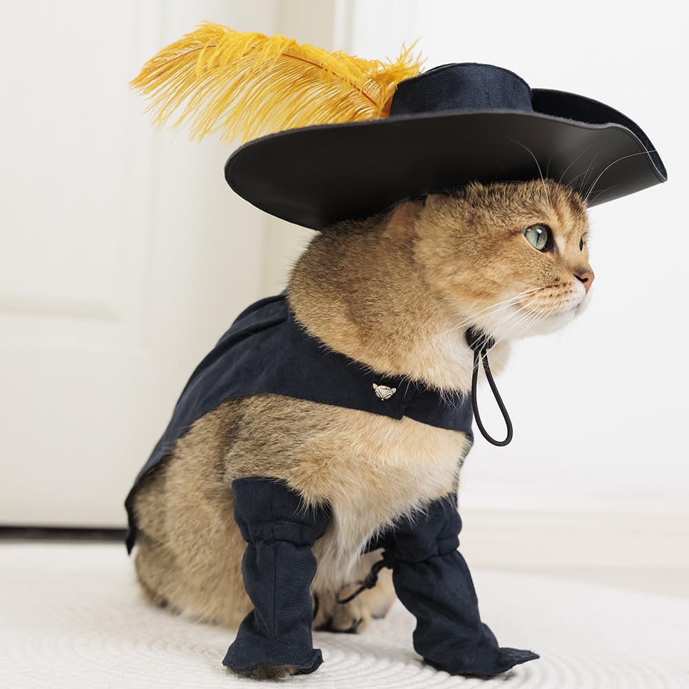 EOILFM Disfraz de Gato y Gato con Bota para Cosplay, Halloween, Lindo Gatito, Cachorro, Disfraz, Juego de simulación con Capa, Sombrero, cinturón, Capa, Accesorios, S, Negro