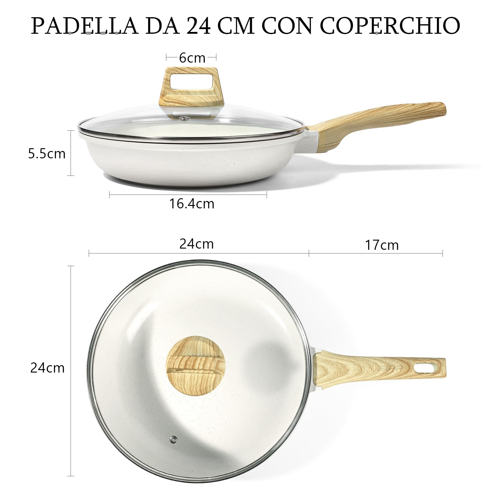 GiPP Padella Antiaderente in Ceramica con Coperchio – Padella Sana e Atossica da 24 cm, Compatibile con Induzione, Senza PFAS e PFOA, Lavabile in Lavastoviglie(Bianco,24cm+Coperchio)