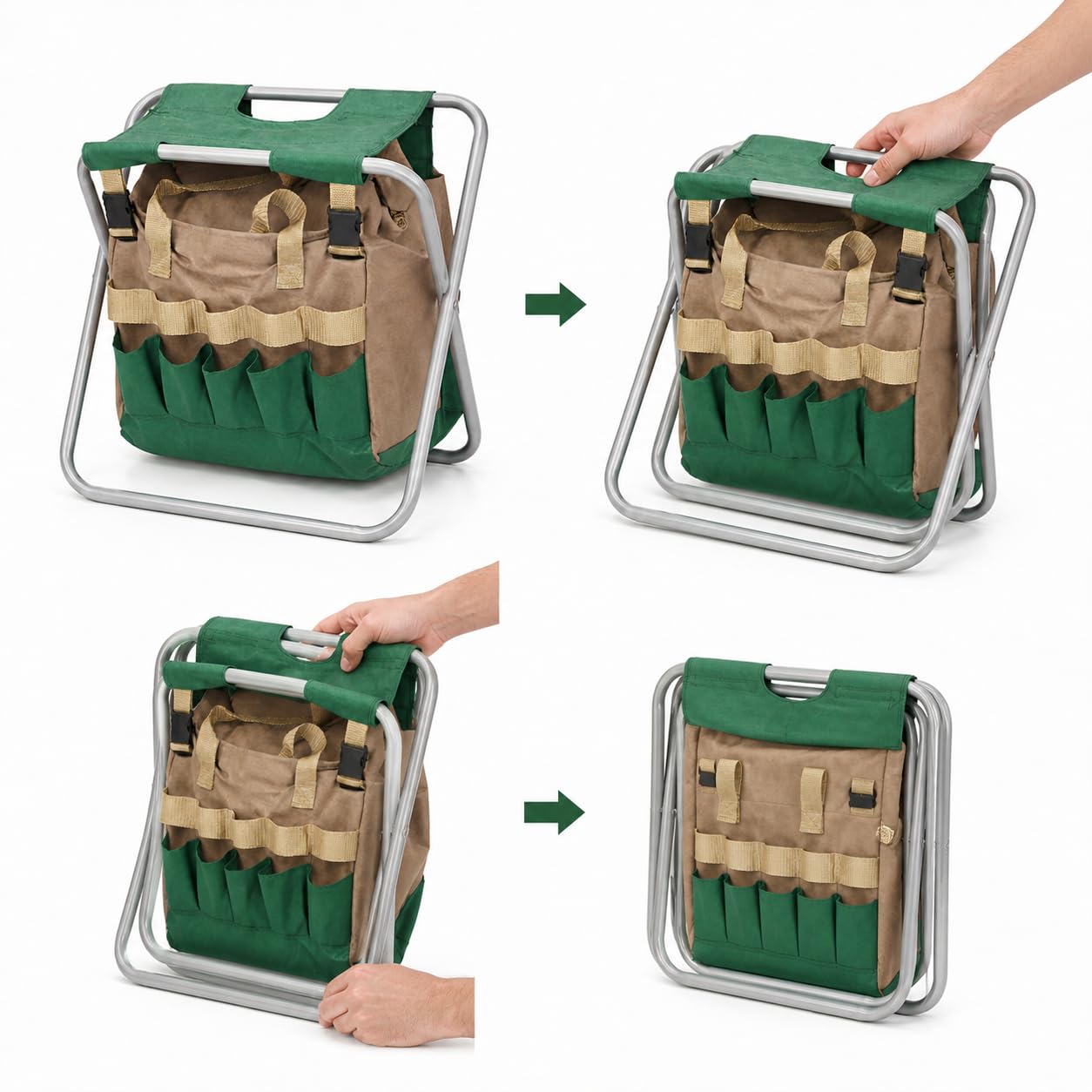Kit Jardinería Ergonómico Verdorin - Taburete Plegable + 12 Herramientas Acero Inoxidable + Bolsa + Guantes + Rodilleras - Jardinería sin Dolor en la espalda ni en las Rodillas