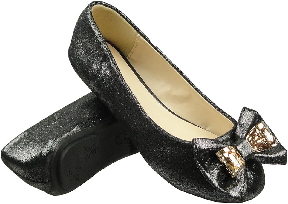 Girls Kids Ballet Flats Glitter Metal Bow Comfort Dress Shoes